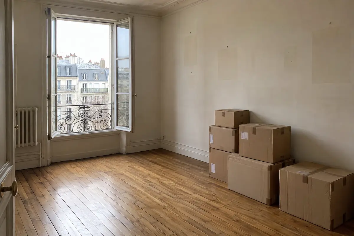 Chambre d’appartement presque vide, cartons fermés contre le mur, parquet propre et fenêtre ouverte