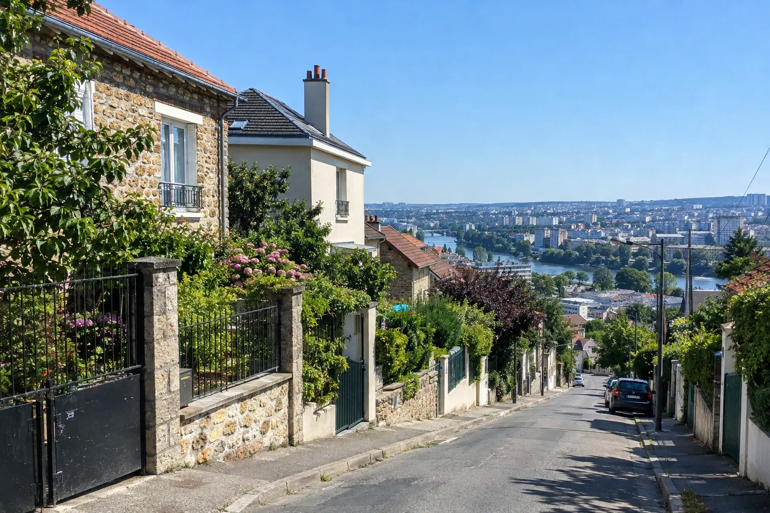 Rue en pente bordée de pavillons en meulière et de murets, avec en contrebas la vallée de la Seine, sous un ciel bleu d’été