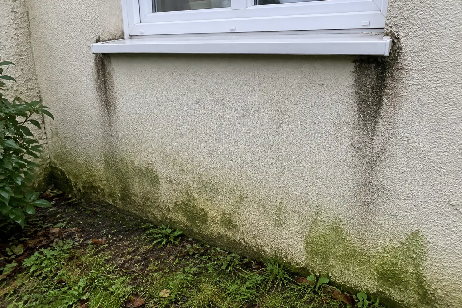 Bas d’une façade en enduit clair sous un appui de fenêtre : coulures noires verticales sous les angles de l’appui et traces vertes d’algues au pied du mur, par temps couvert