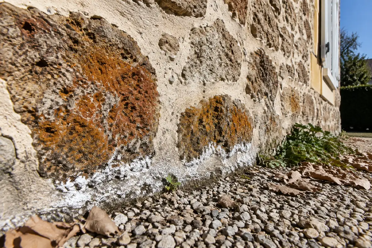 Pied d’un mur en meulière aux joints clairs : taches orangées d’algue sur les pierres et dépôt blanc de sels sur les joints au ras du gravier, en plein soleil
