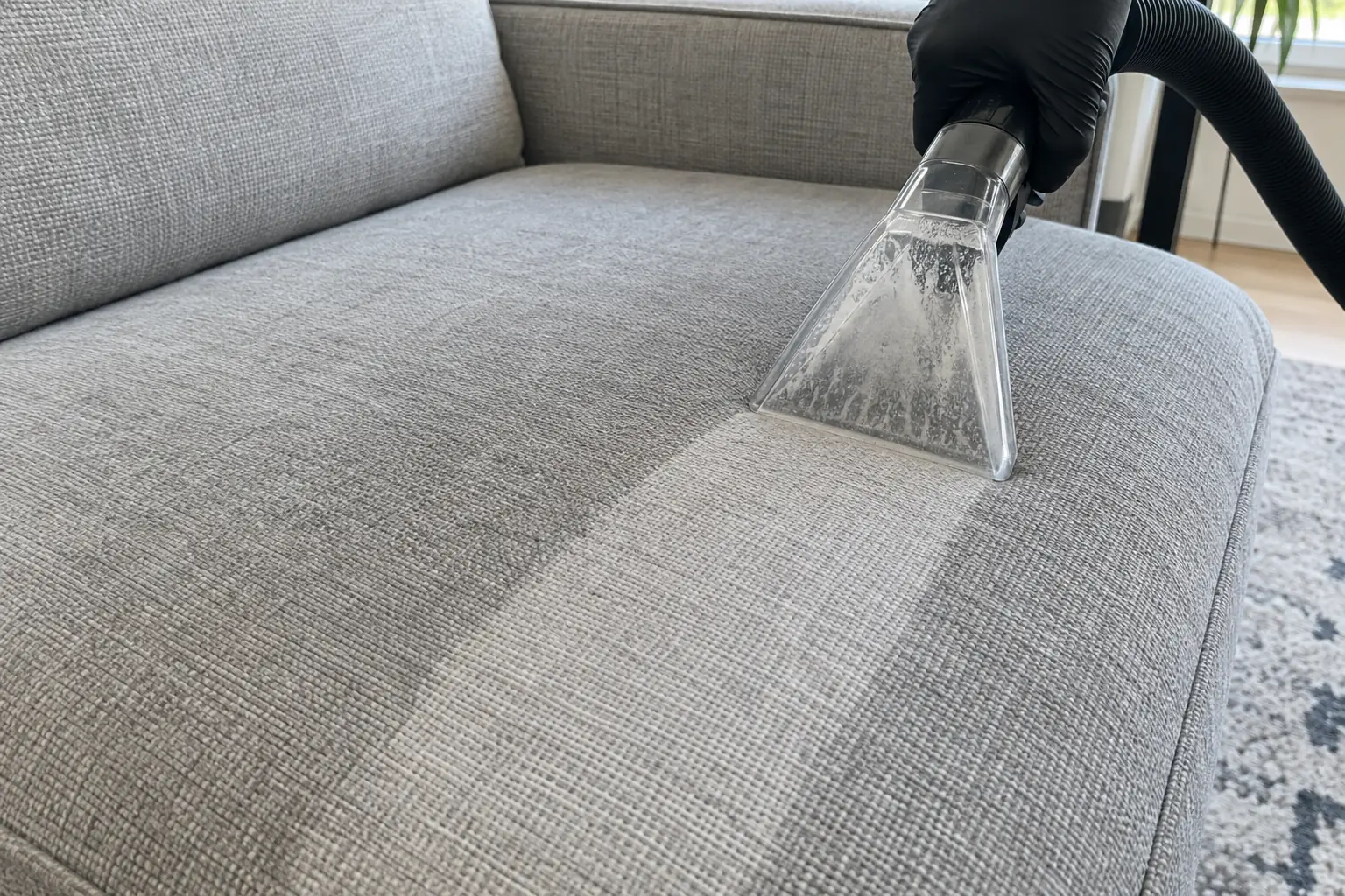 Assise de canapé en tissu nettoyée par injection-extraction : la buse laisse une bande plus claire dans le tissu