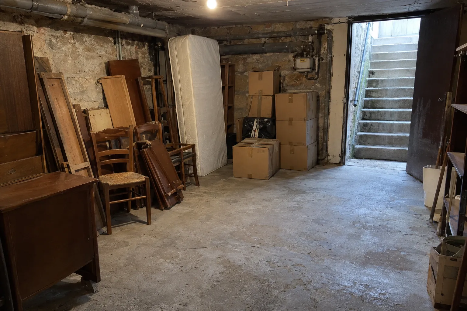 Cave en cours de débarras : vieux meubles en bois, chaises, matelas et cartons près de l’escalier