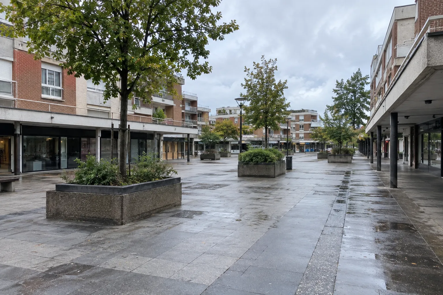 Dalle piétonne d’un quartier de ville nouvelle des années 1970-1980, immeubles de brique et de béton, dallage gris encore humide après une averse