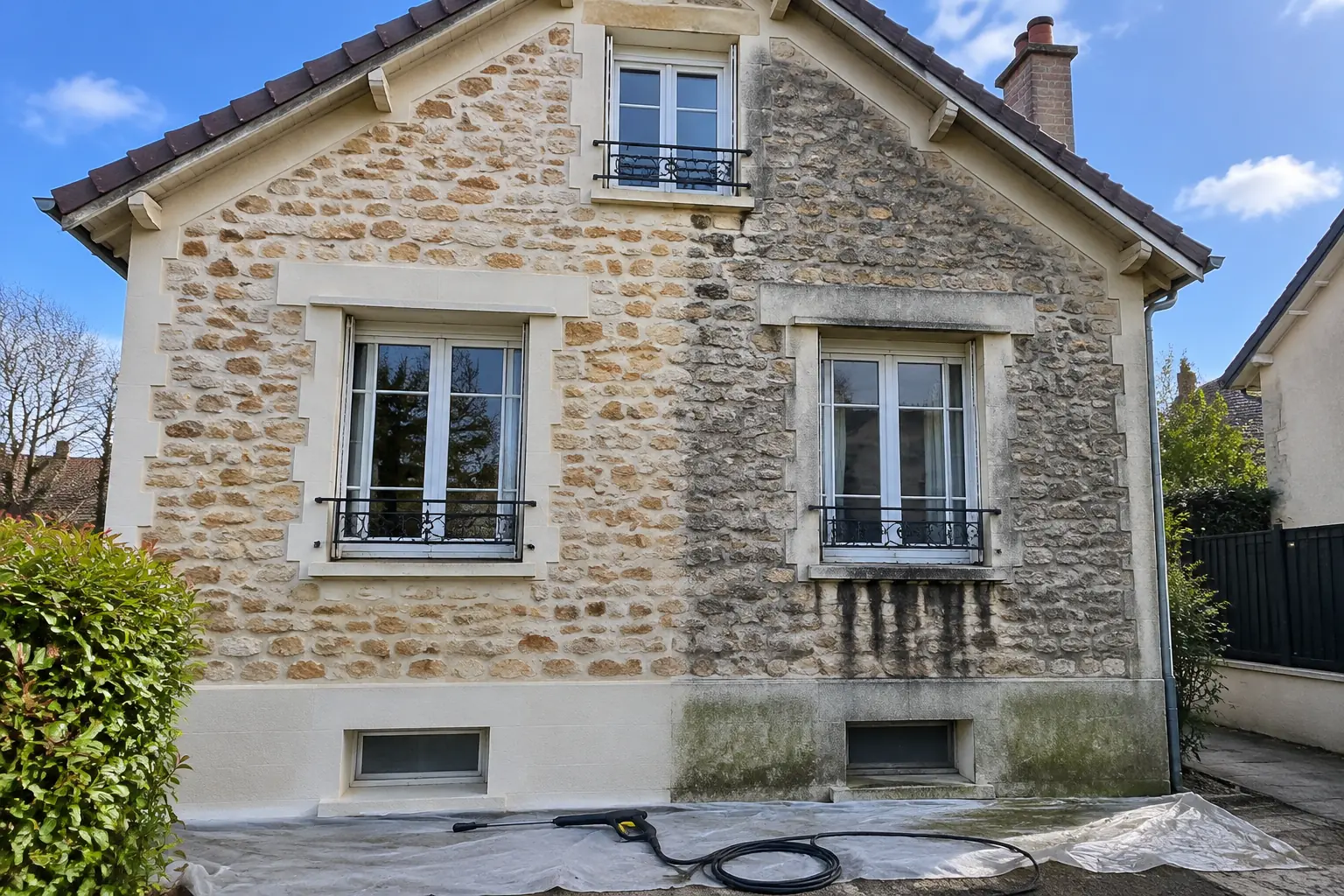 Pavillon en meulière et enduit clair dont une moitié de façade est lavée et nette, l’autre encore grise, avec la lance du nettoyeur haute pression posée sur une bâche