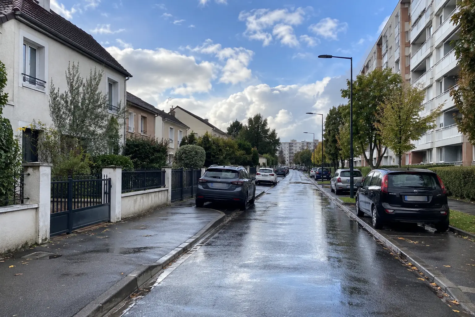 Rue résidentielle où des pavillons enduits font face à des immeubles collectifs rénovés, chaussée mouillée après une averse