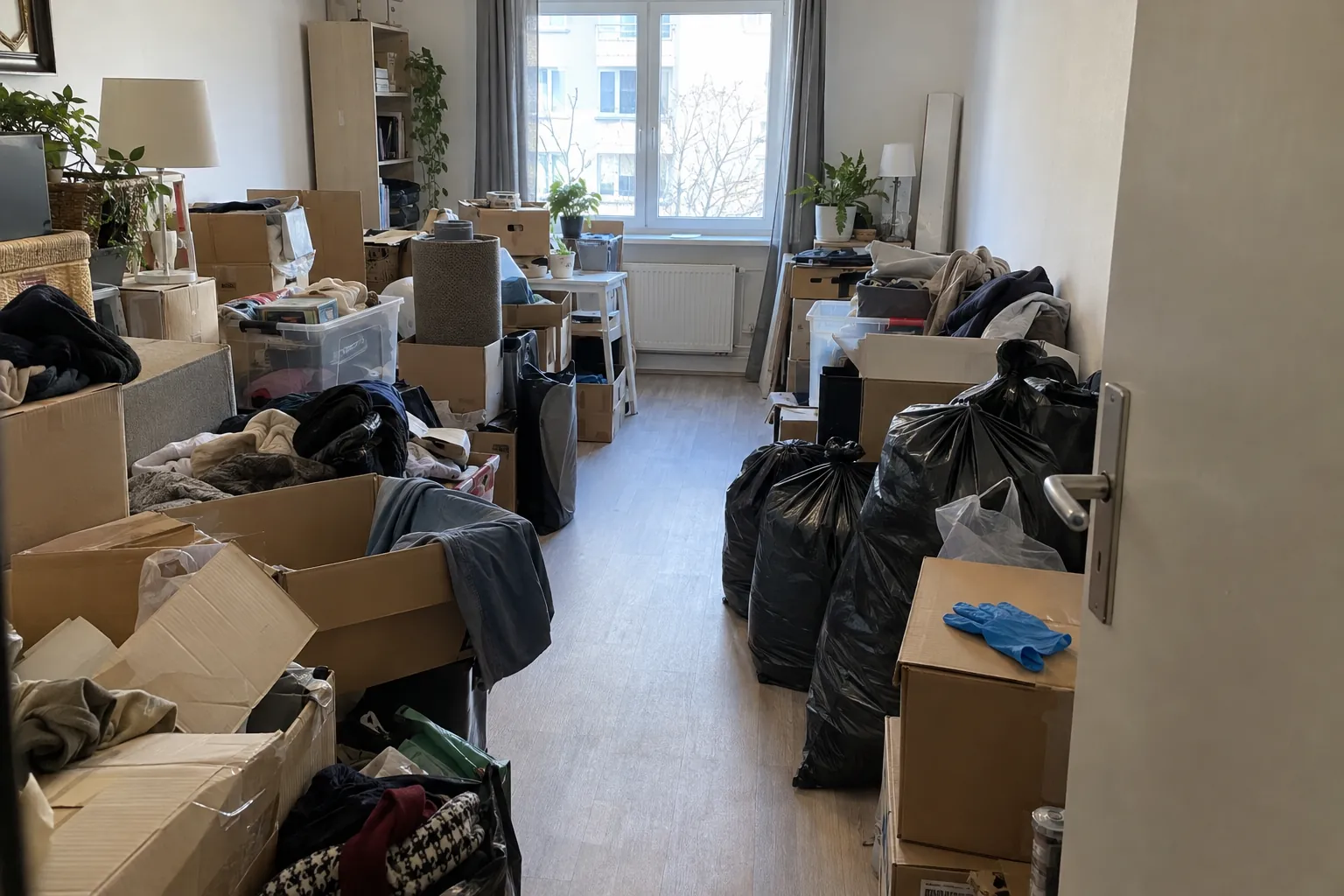 Pièce très encombrée de cartons, de vêtements et de sacs, avec un passage dégagé au centre
